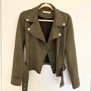 Olive Green Vegan Faux Suede Moto Biker Jacket